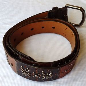 Fossil Patchwork Boho Leather Belt Metallic Embellished Embossed LARGE